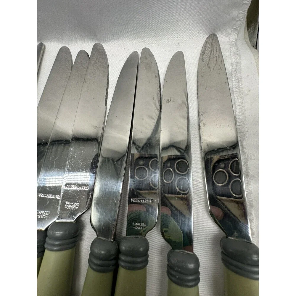 Pfaltzgraff SPHERE Stainless Plastic Charcoal Green Flatware Set Flaws 46 Pieces